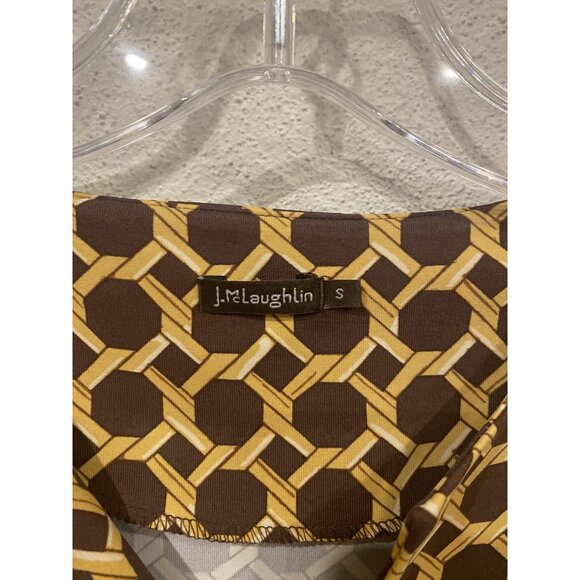 J McLaughlin Dress Womens Small Brown Yellow Geometric Print 3/4 Sleeve Pullover - Picture 2 of 4